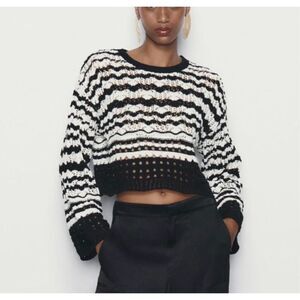 Zara Womens Pullover Open Knit Stripe Long Sleeve Sweater Black White Size Small